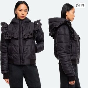 Sea New York Wren Eyelet Puffer Full Zip Jacket Black Preppy Classic Womens S